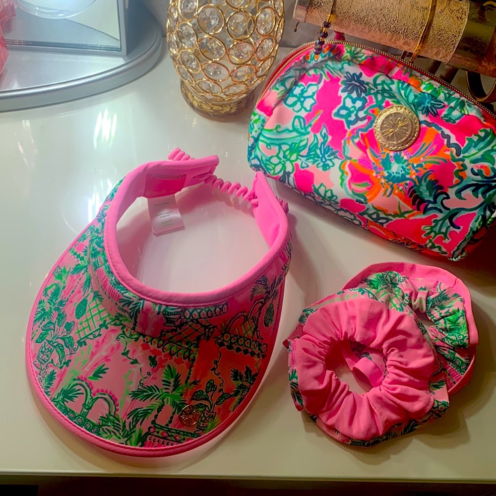 Lilly Pulitzer visor cap, Belt bag + scrunchies.